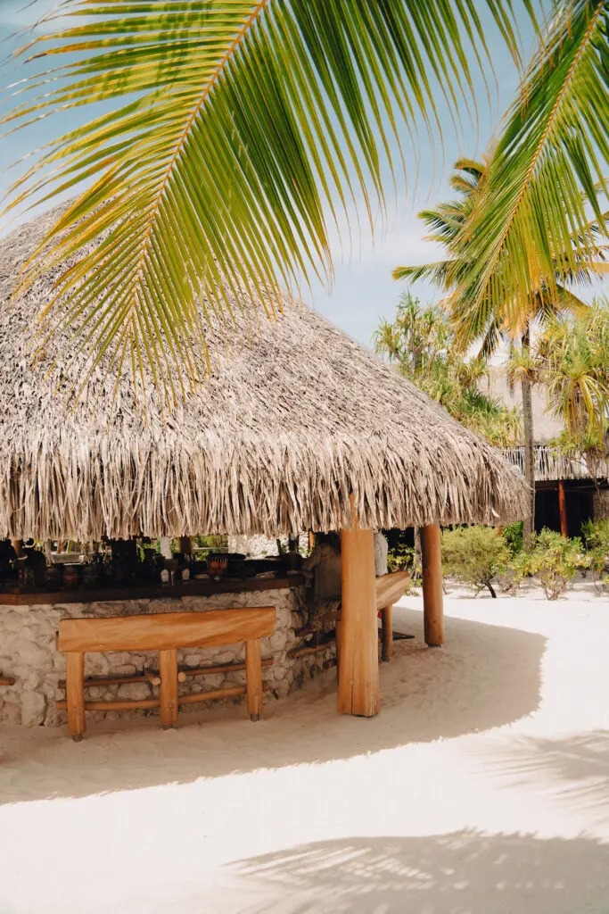 Bar au toit de palme sur le sable blanc de The Brando