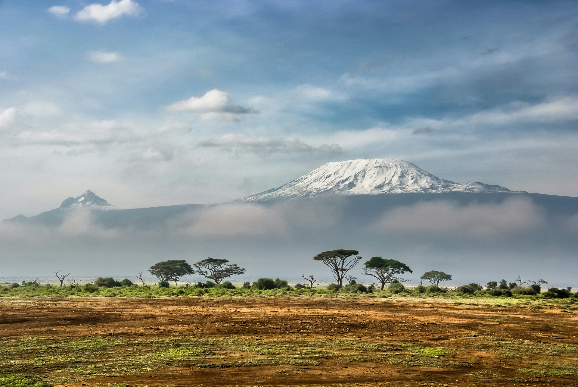 The snow-capped summit of Kilimanjaro rising above the savannah and acacias — closing image